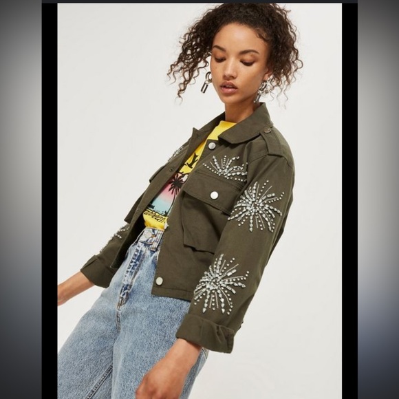 Guess Military Army Green Embellished Gemstone Bling‎ Moto Jacket Cropped Beaded - Picture 2 of 14